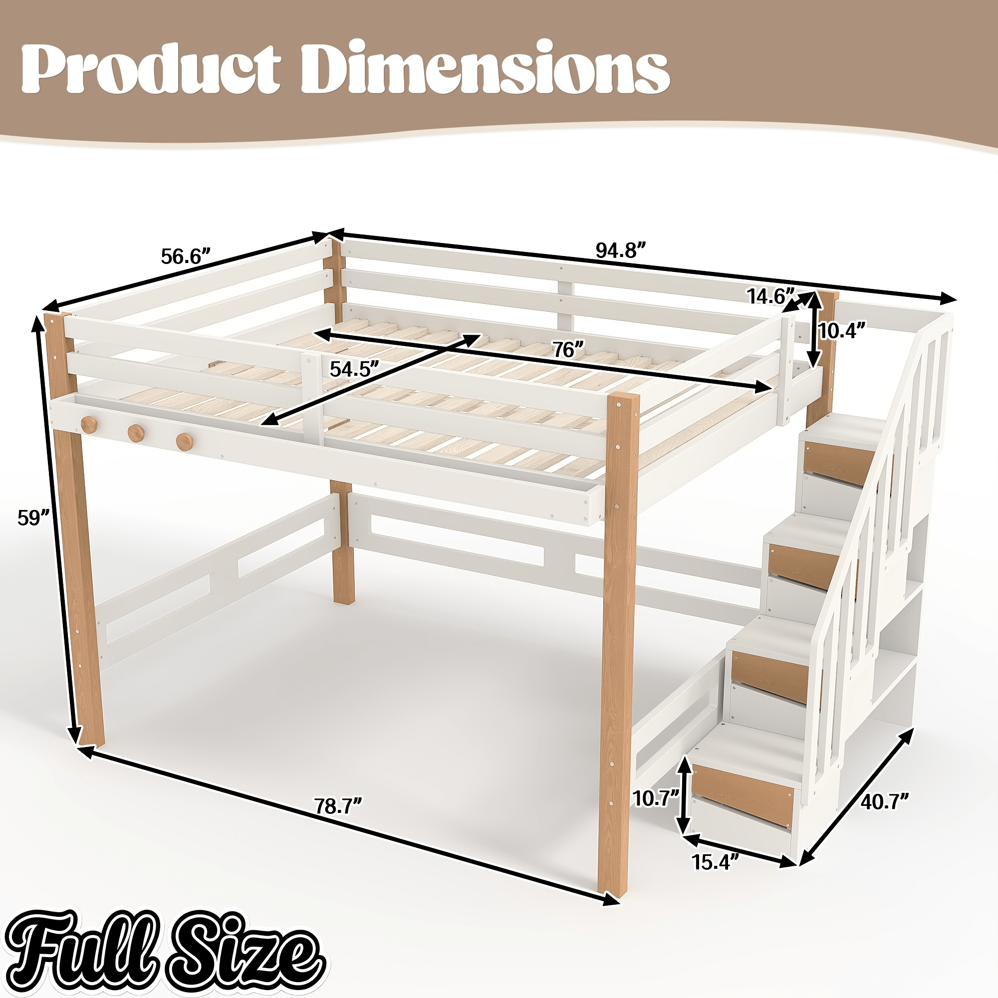 Bellemave® Loft Bed with Storage Stairs and Shelves, Solid Wood Loft Bed Frame with Clothes Hook,for Bedroom, Guest, Dorms - Bellemave