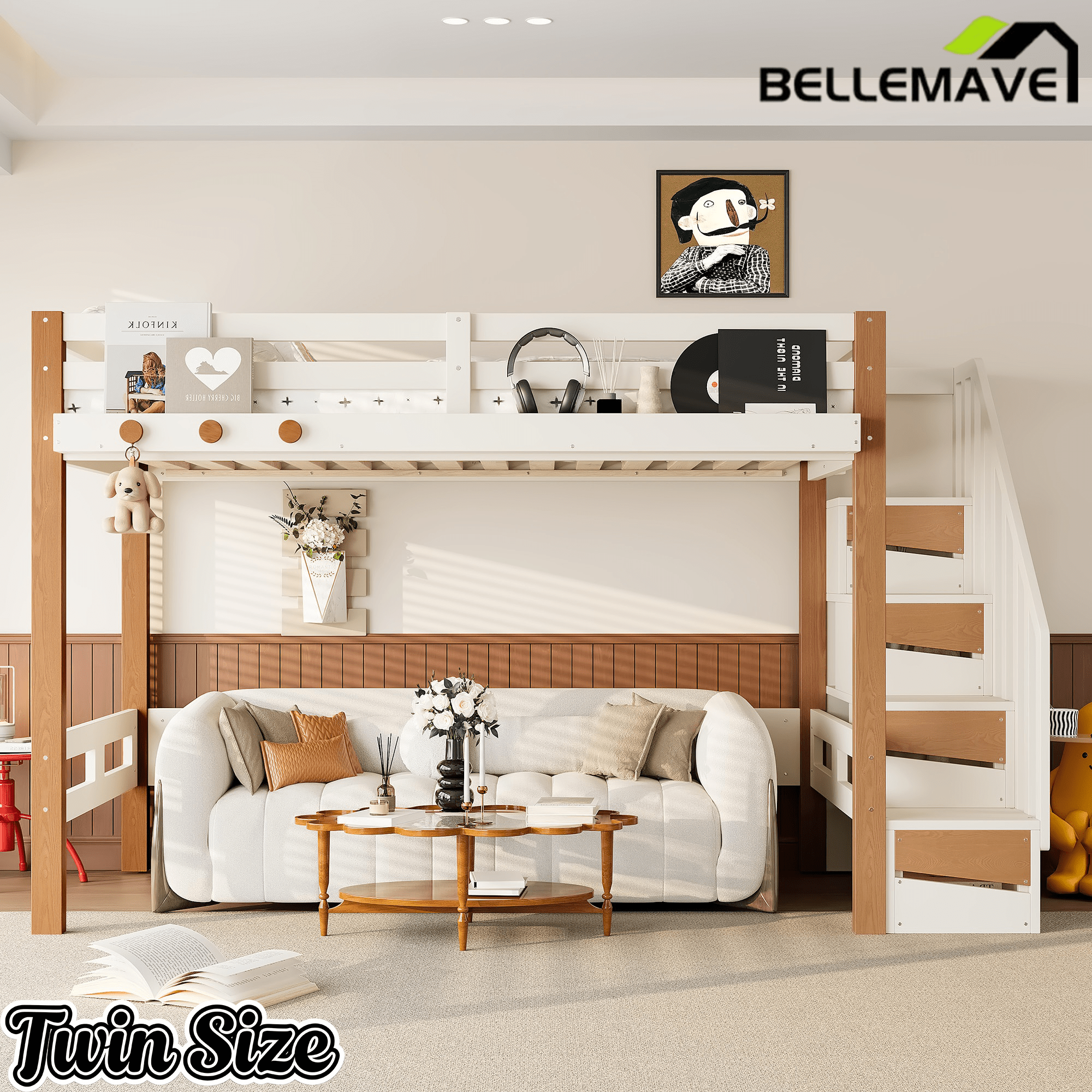 Bellemave® Loft Bed with Storage Stairs and Shelves, Solid Wood Loft Bed Frame with Clothes Hook,for Bedroom, Guest, Dorms - Bellemave