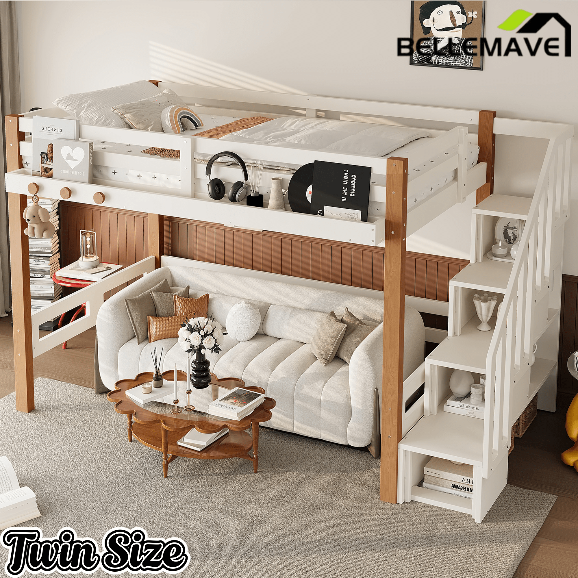 Bellemave® Loft Bed with Storage Stairs and Shelves, Solid Wood Loft Bed Frame with Clothes Hook,for Bedroom, Guest, Dorms - Bellemave