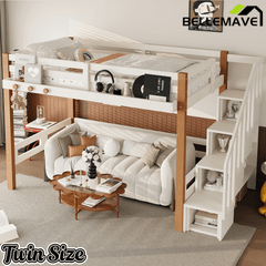 Bellemave® Loft Bed with Storage Stairs and Shelves, Solid Wood Loft Bed Frame with Clothes Hook,for Bedroom, Guest, Dorms - Bellemave