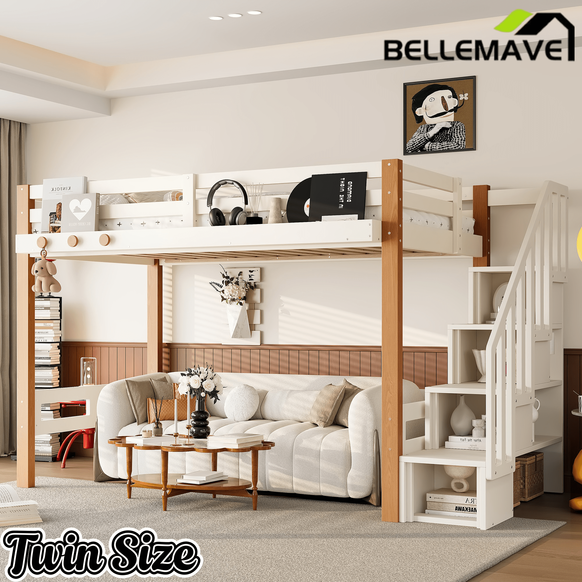 Bellemave® Loft Bed with Storage Stairs and Shelves, Solid Wood Loft Bed Frame with Clothes Hook,for Bedroom, Guest, Dorms - Bellemave