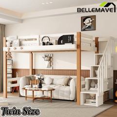 Bellemave® Loft Bed with Storage Stairs and Shelves, Solid Wood Loft Bed Frame with Clothes Hook,for Bedroom, Guest, Dorms - Bellemave