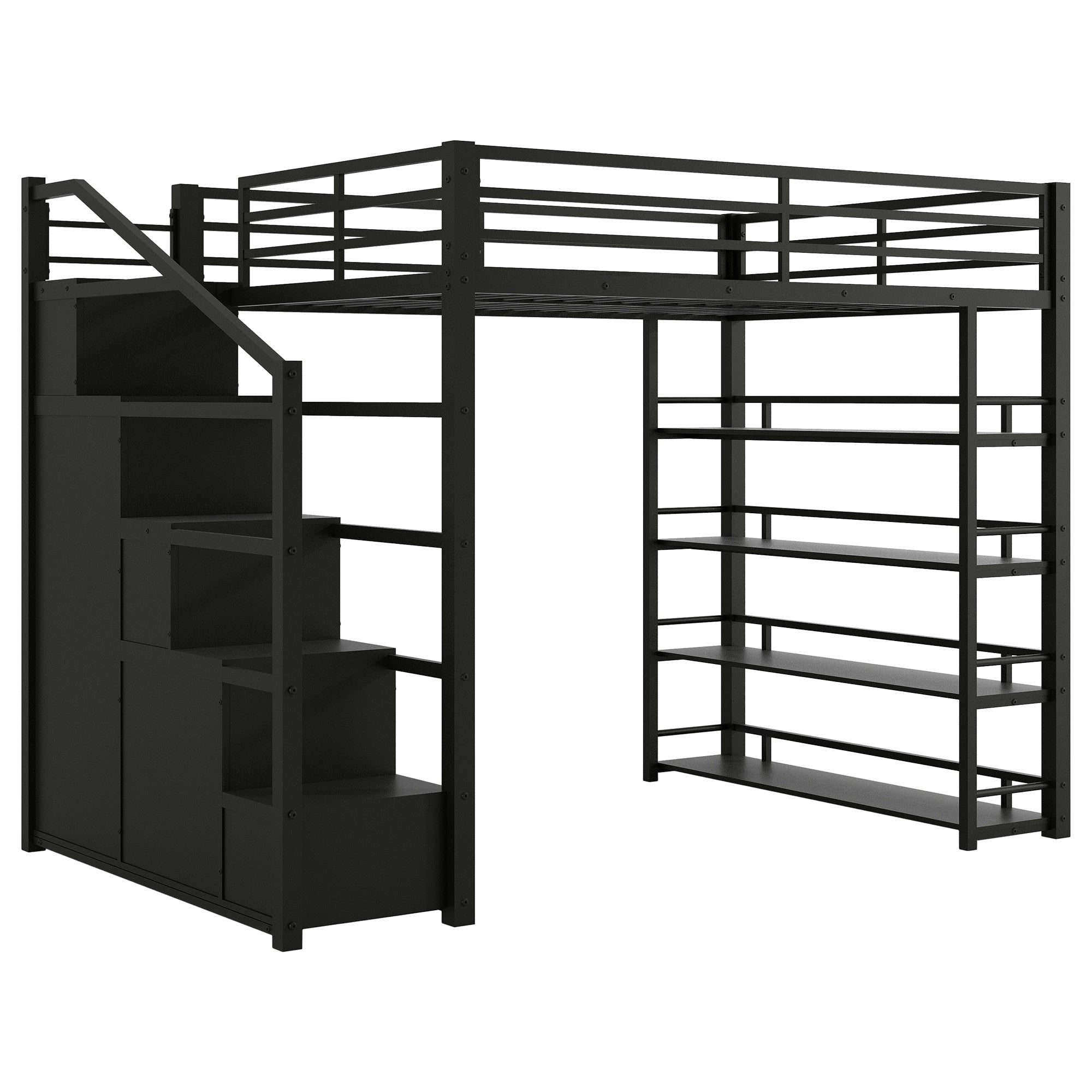 Bellemave® Loft Bed with Storage Stairs & Guardrails, Metal Loft Bed with Wardrobe, Bookshelves & Staircase, Black - Bellemave