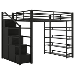 Bellemave® Loft Bed with Storage Stairs & Guardrails, Metal Loft Bed with Wardrobe, Bookshelves & Staircase, Black - Bellemave