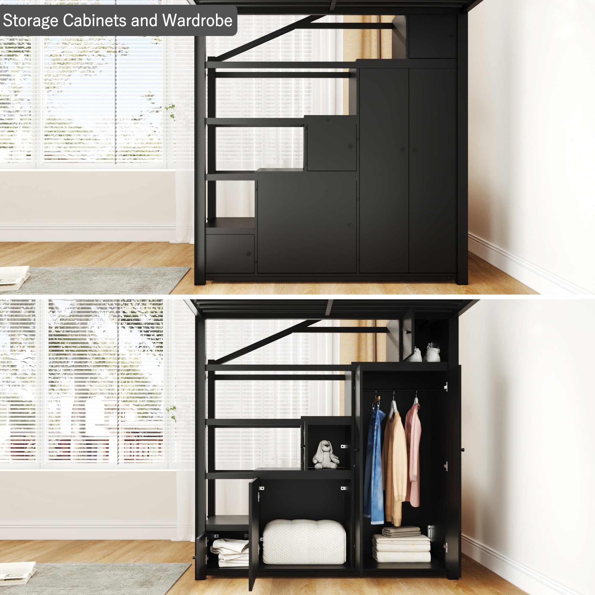 Bellemave® Loft Bed with Storage Stairs & Guardrails, Metal Loft Bed with Wardrobe, Bookshelves & Staircase, Black - Bellemave