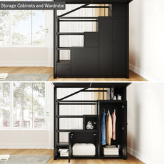 Bellemave® Loft Bed with Storage Stairs & Guardrails, Metal Loft Bed with Wardrobe, Bookshelves & Staircase, Black - Bellemave