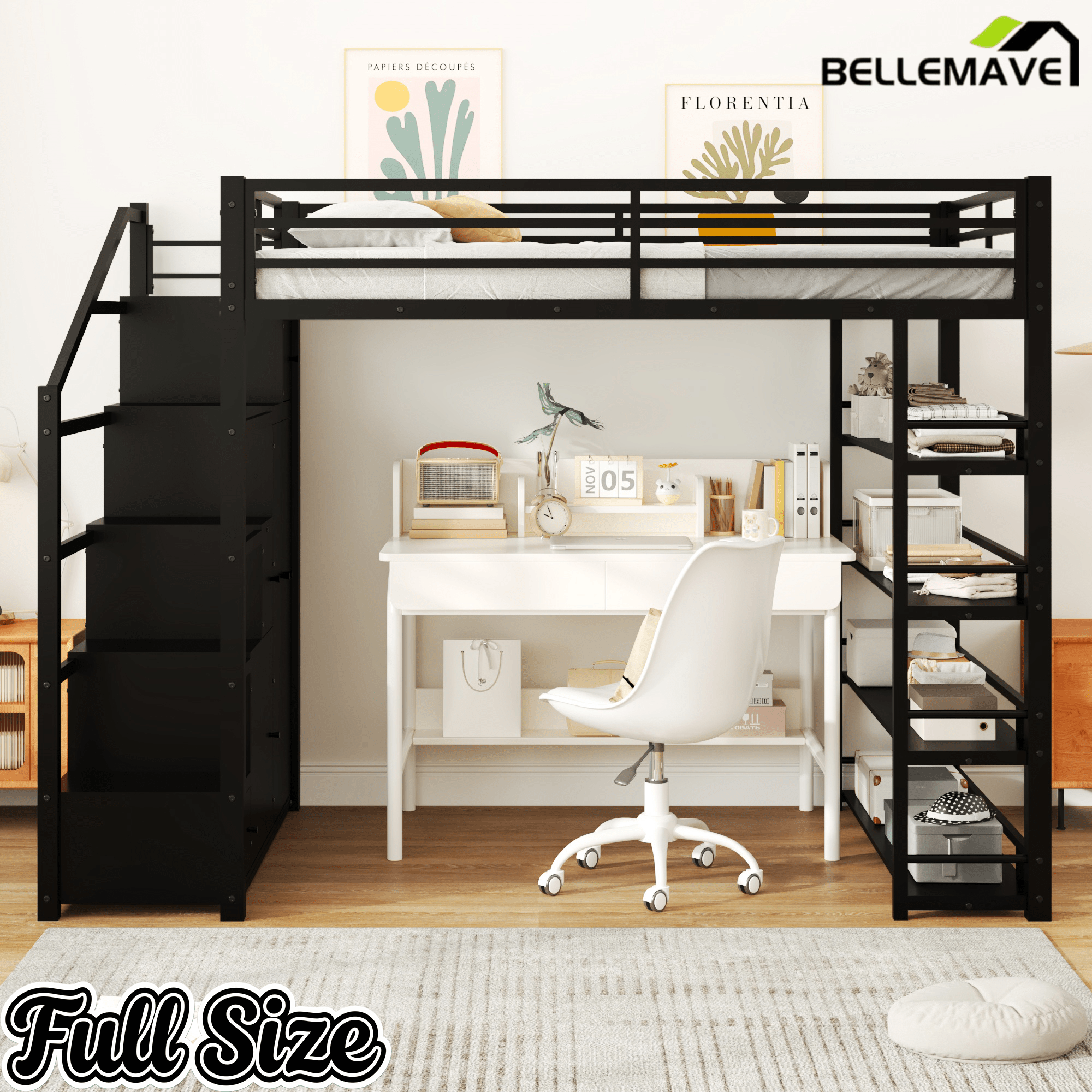 Bellemave® Loft Bed with Storage Stairs & Guardrails, Metal Loft Bed with Wardrobe, Bookshelves & Staircase, Black - Bellemave