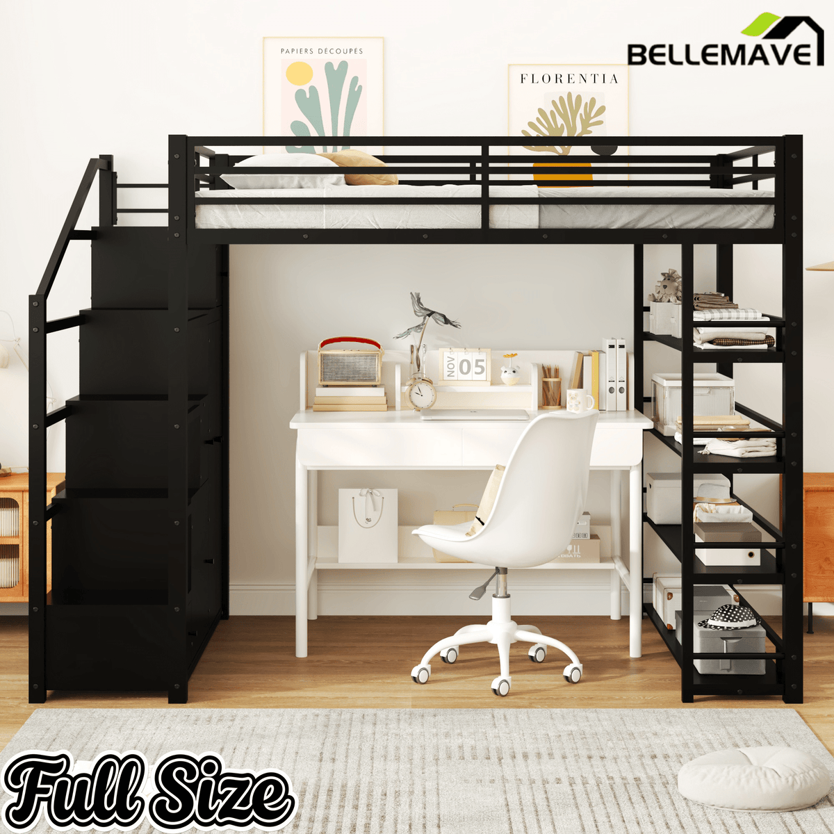 Bellemave® Loft Bed with Storage Stairs & Guardrails, Metal Loft Bed with Wardrobe, Bookshelves & Staircase, Black - Bellemave