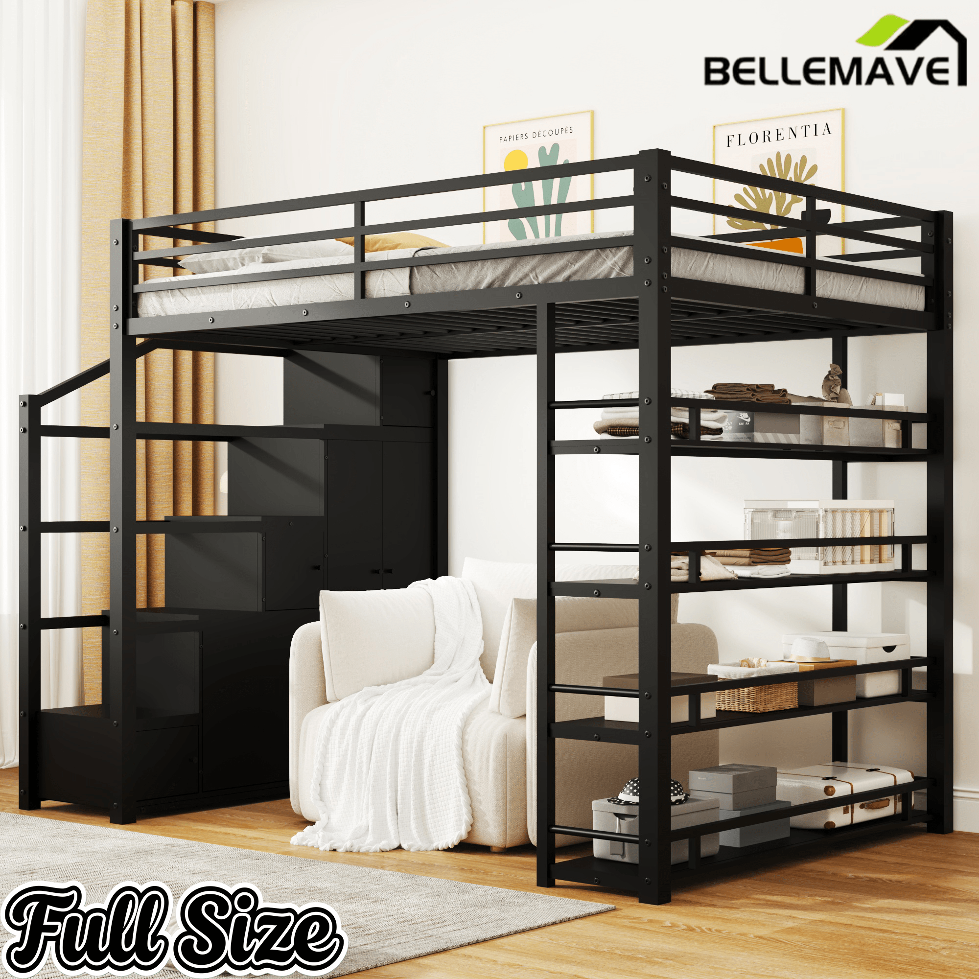 Bellemave® Loft Bed with Storage Stairs & Guardrails, Metal Loft Bed with Wardrobe, Bookshelves & Staircase, Black - Bellemave