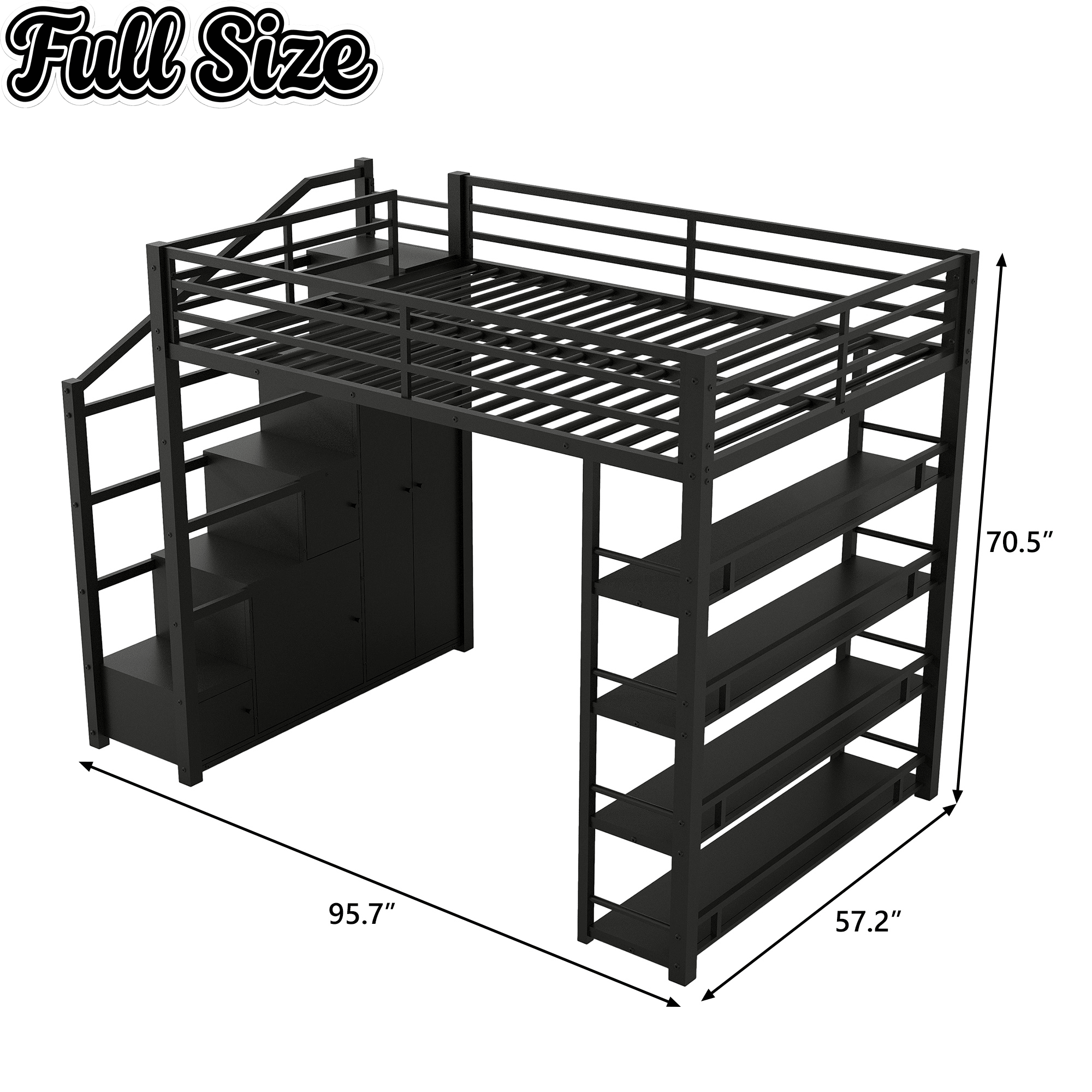 Bellemave® Loft Bed with Storage Stairs & Guardrails, Metal Loft Bed with Wardrobe, Bookshelves & Staircase, Black - Bellemave