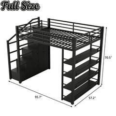 Bellemave® Loft Bed with Storage Stairs & Guardrails, Metal Loft Bed with Wardrobe, Bookshelves & Staircase, Black - Bellemave