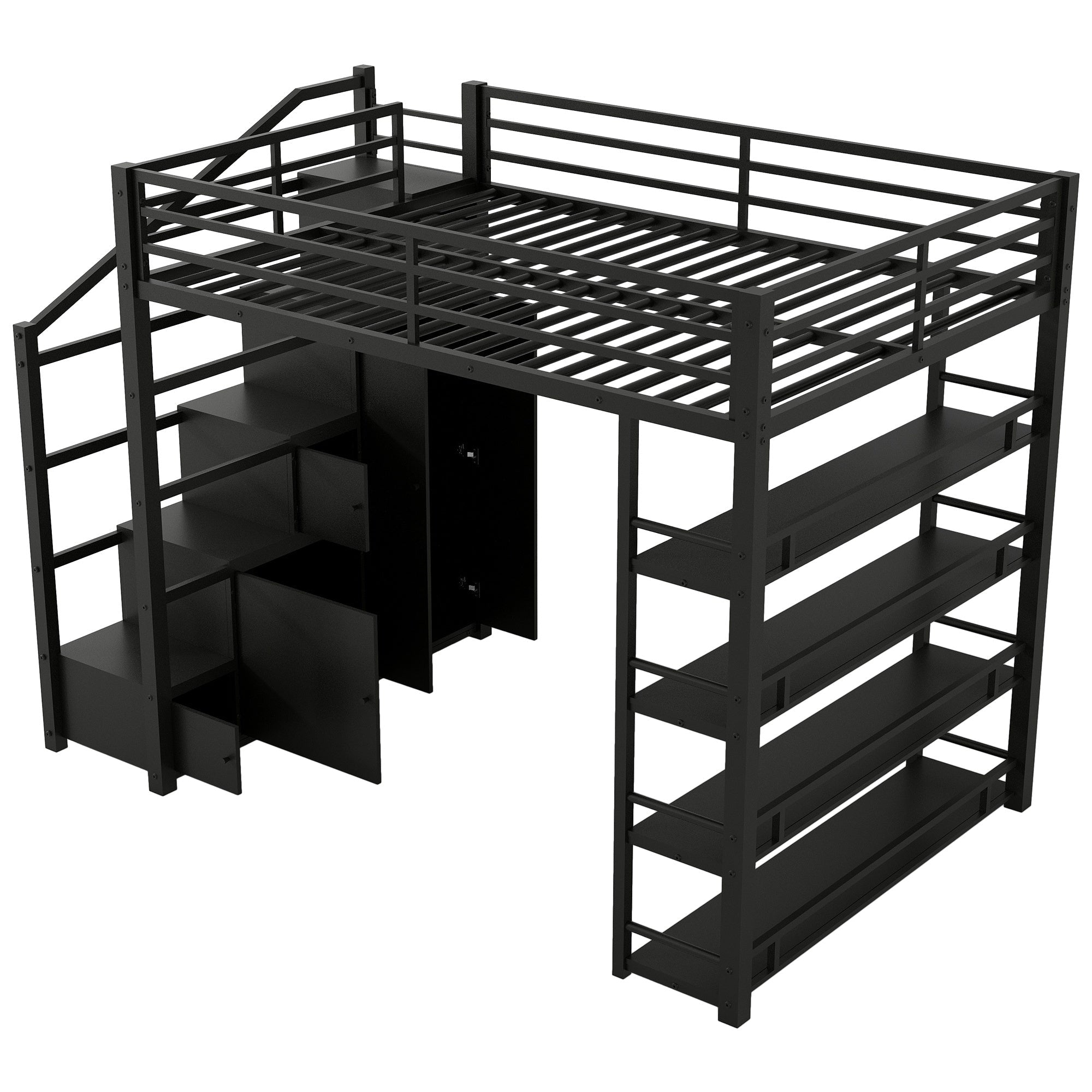 Bellemave® Loft Bed with Storage Stairs & Guardrails, Metal Loft Bed with Wardrobe, Bookshelves & Staircase, Black - Bellemave