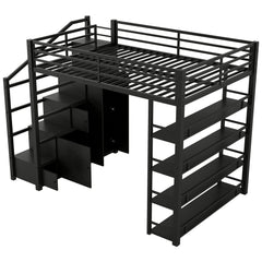 Bellemave® Loft Bed with Storage Stairs & Guardrails, Metal Loft Bed with Wardrobe, Bookshelves & Staircase, Black - Bellemave