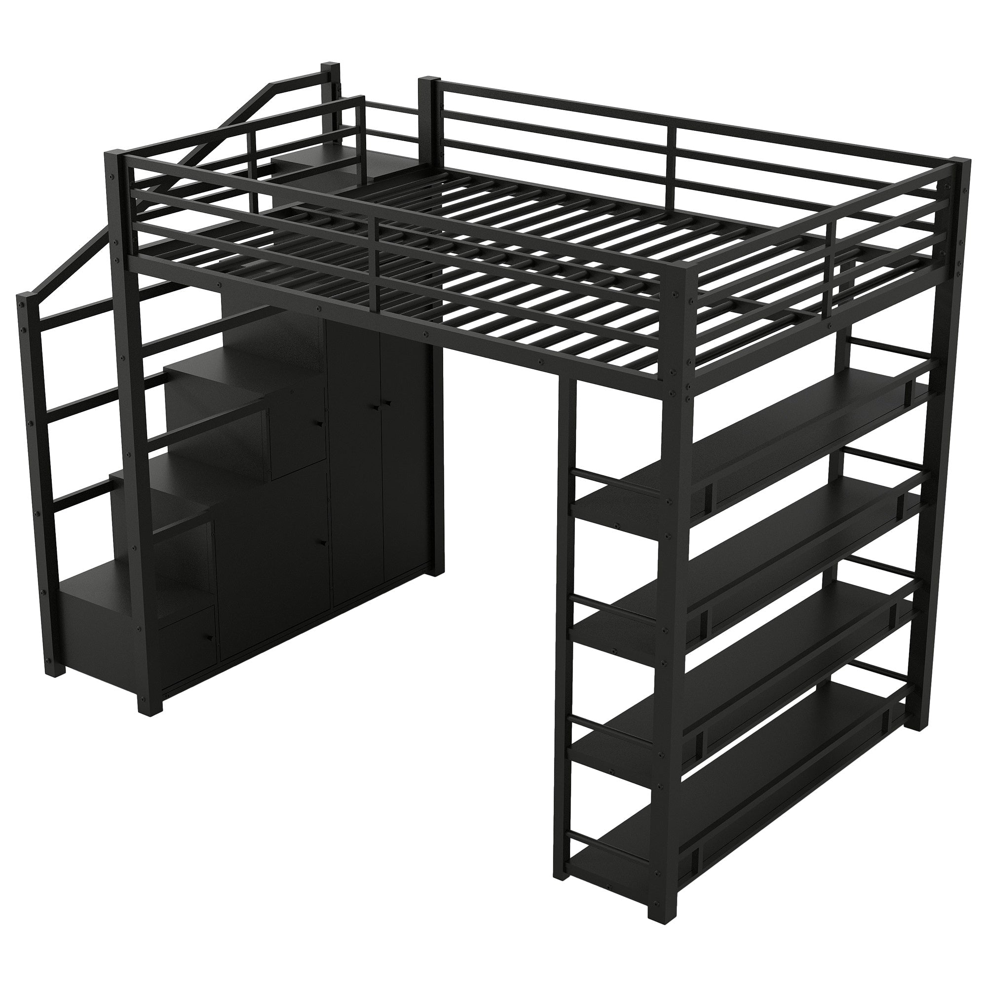 Bellemave® Loft Bed with Storage Stairs & Guardrails, Metal Loft Bed with Wardrobe, Bookshelves & Staircase, Black - Bellemave