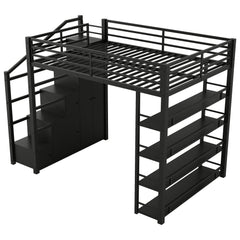Bellemave® Loft Bed with Storage Stairs & Guardrails, Metal Loft Bed with Wardrobe, Bookshelves & Staircase, Black - Bellemave