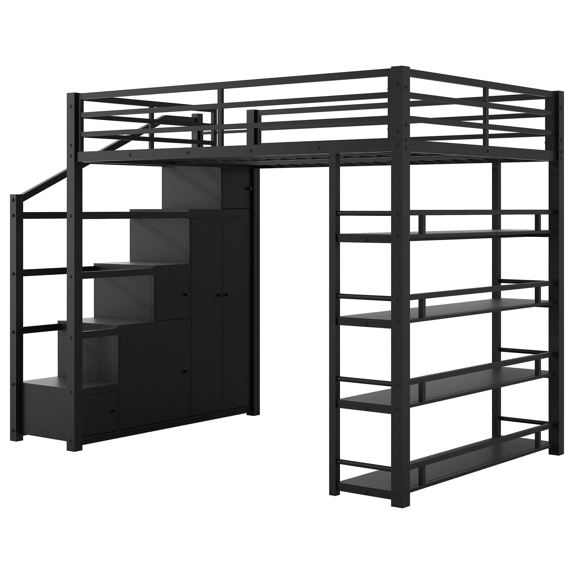 Bellemave® Loft Bed with Storage Stairs & Guardrails, Metal Loft Bed with Wardrobe, Bookshelves & Staircase, Black - Bellemave