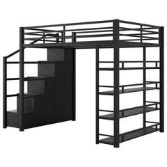 Bellemave® Loft Bed with Storage Stairs & Guardrails, Metal Loft Bed with Wardrobe, Bookshelves & Staircase, Black - Bellemave