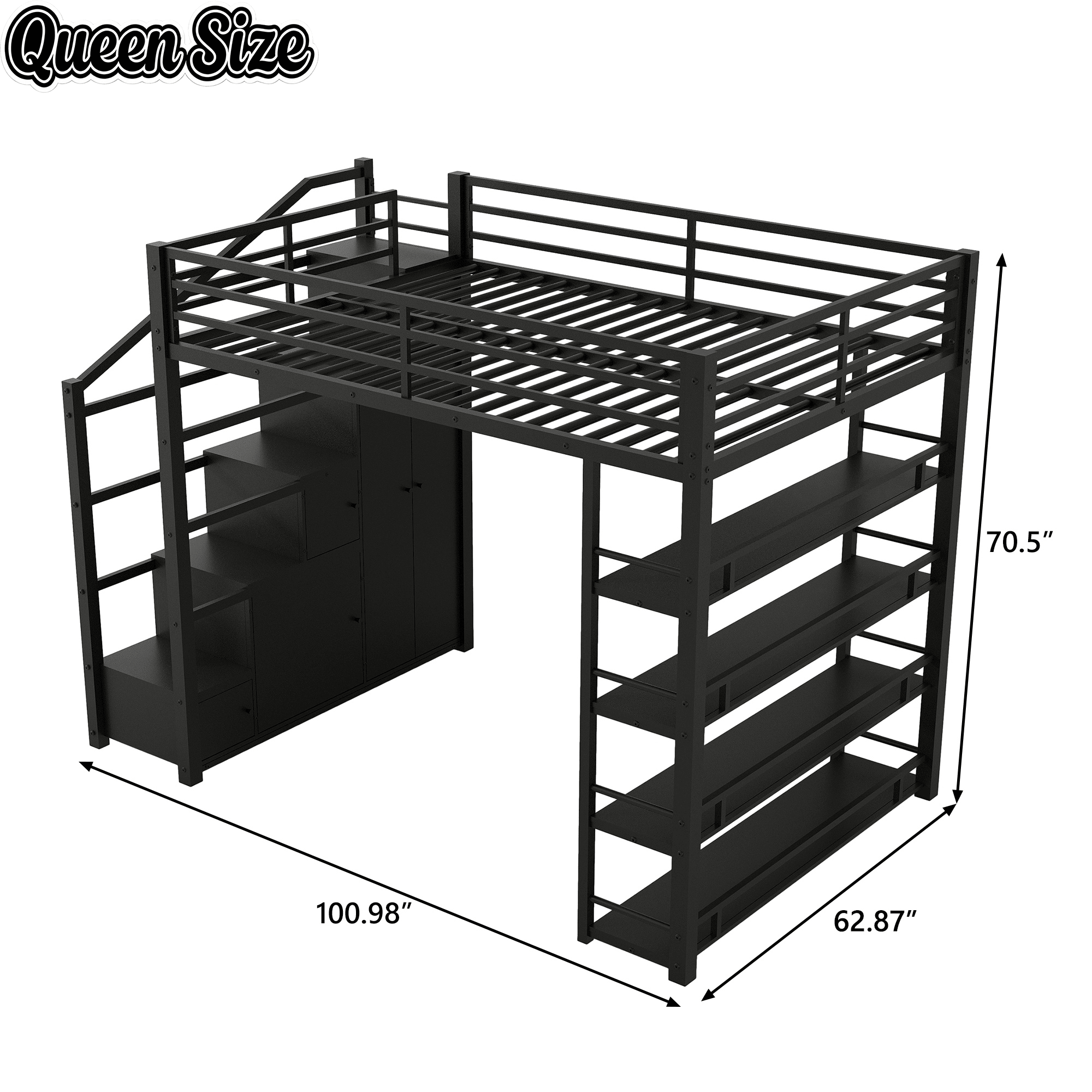 Bellemave® Loft Bed with Storage Stairs & Guardrails, Metal Loft Bed with Wardrobe, Bookshelves & Staircase, Black - Bellemave