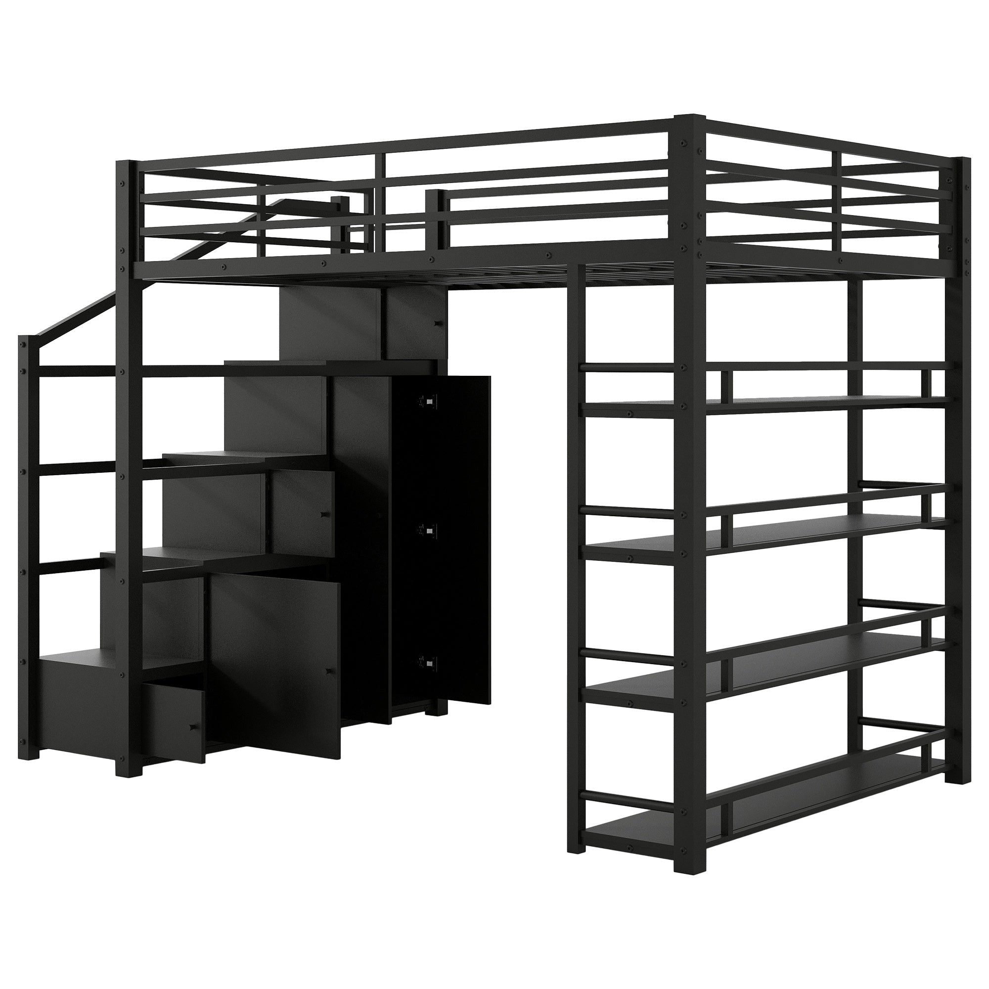Bellemave® Loft Bed with Storage Stairs & Guardrails, Metal Loft Bed with Wardrobe, Bookshelves & Staircase, Black - Bellemave