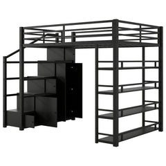 Bellemave® Loft Bed with Storage Stairs & Guardrails, Metal Loft Bed with Wardrobe, Bookshelves & Staircase, Black - Bellemave
