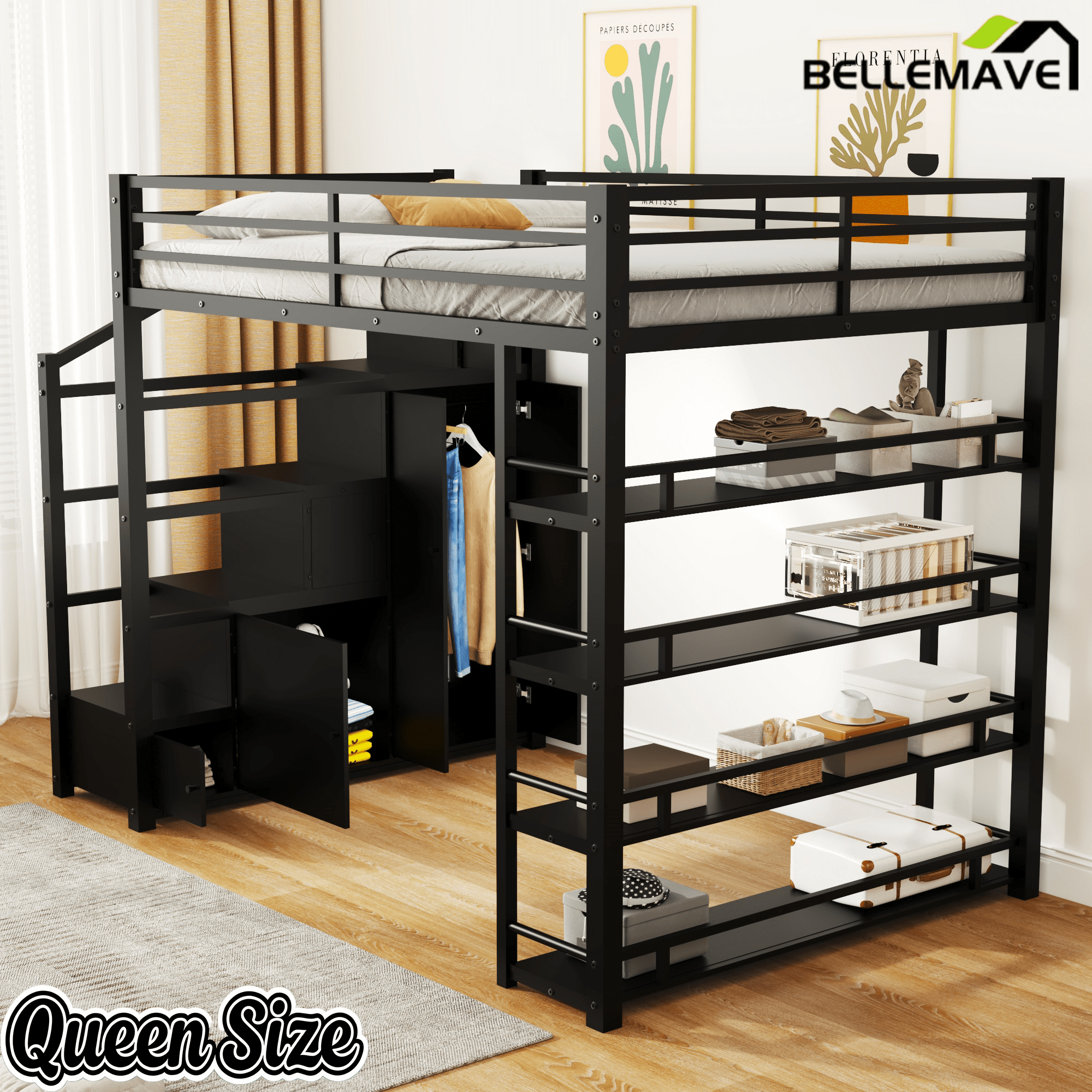 Bellemave® Loft Bed with Storage Stairs & Guardrails, Metal Loft Bed with Wardrobe, Bookshelves & Staircase, Black - Bellemave