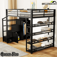 Bellemave® Loft Bed with Storage Stairs & Guardrails, Metal Loft Bed with Wardrobe, Bookshelves & Staircase, Black - Bellemave
