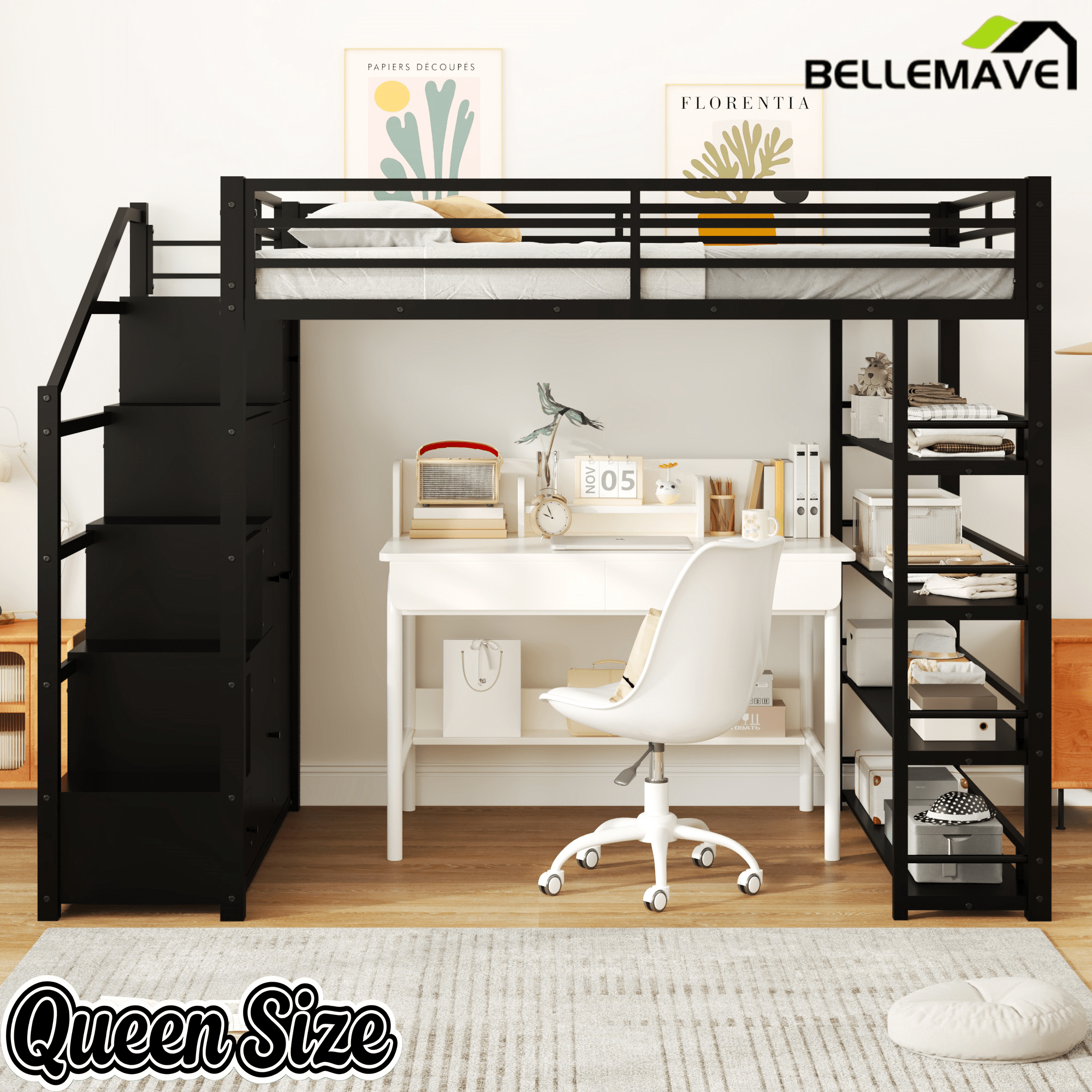 Bellemave® Loft Bed with Storage Stairs & Guardrails, Metal Loft Bed with Wardrobe, Bookshelves & Staircase, Black - Bellemave
