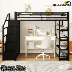 Bellemave® Loft Bed with Storage Stairs & Guardrails, Metal Loft Bed with Wardrobe, Bookshelves & Staircase, Black - Bellemave