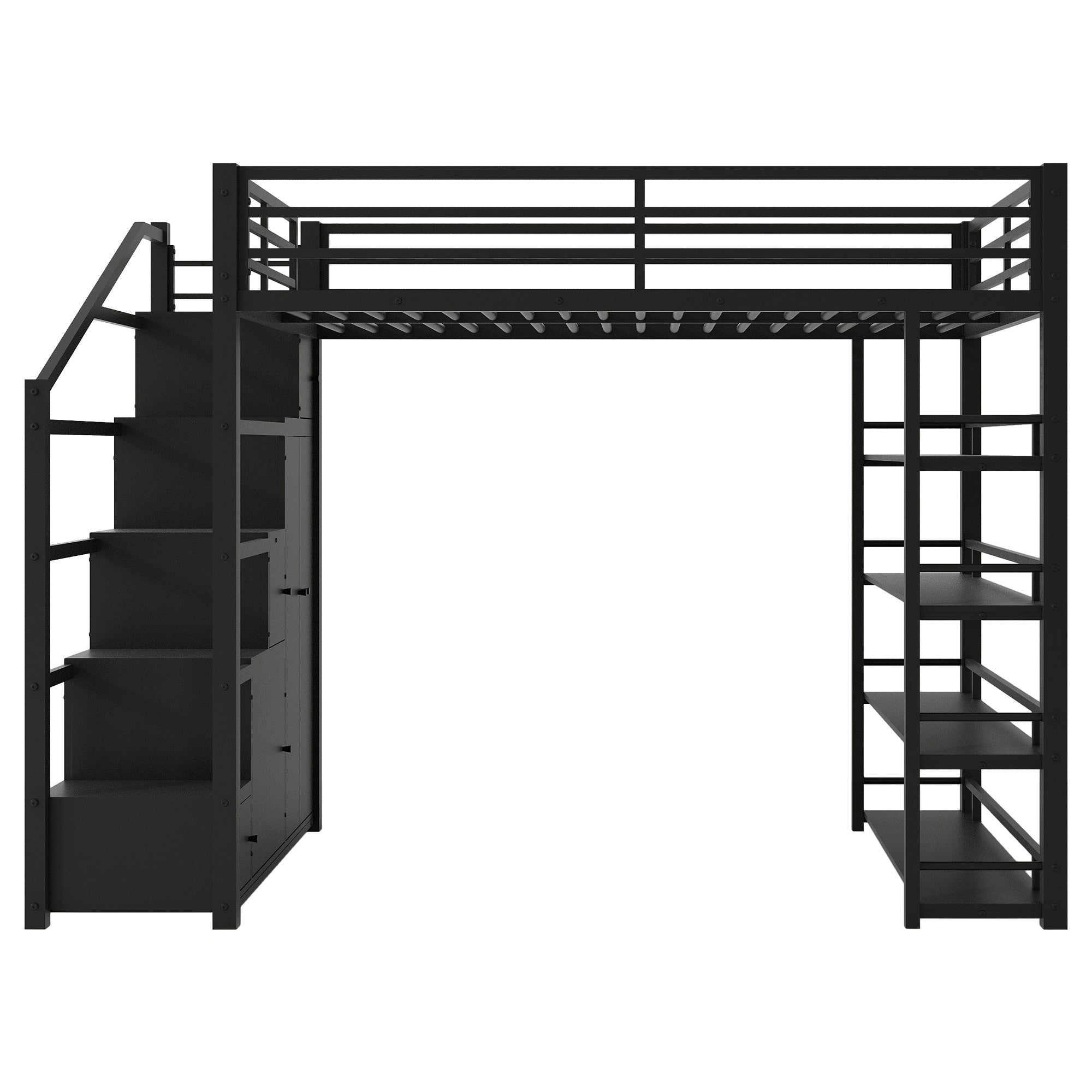 Bellemave® Loft Bed with Storage Stairs & Guardrails, Metal Loft Bed with Wardrobe, Bookshelves & Staircase, Black - Bellemave