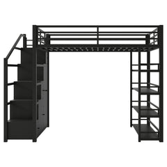 Bellemave® Loft Bed with Storage Stairs & Guardrails, Metal Loft Bed with Wardrobe, Bookshelves & Staircase, Black - Bellemave