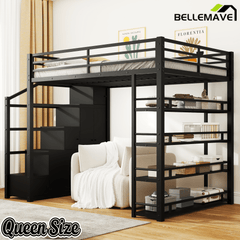 Bellemave® Loft Bed with Storage Stairs & Guardrails, Metal Loft Bed with Wardrobe, Bookshelves & Staircase, Black - Bellemave