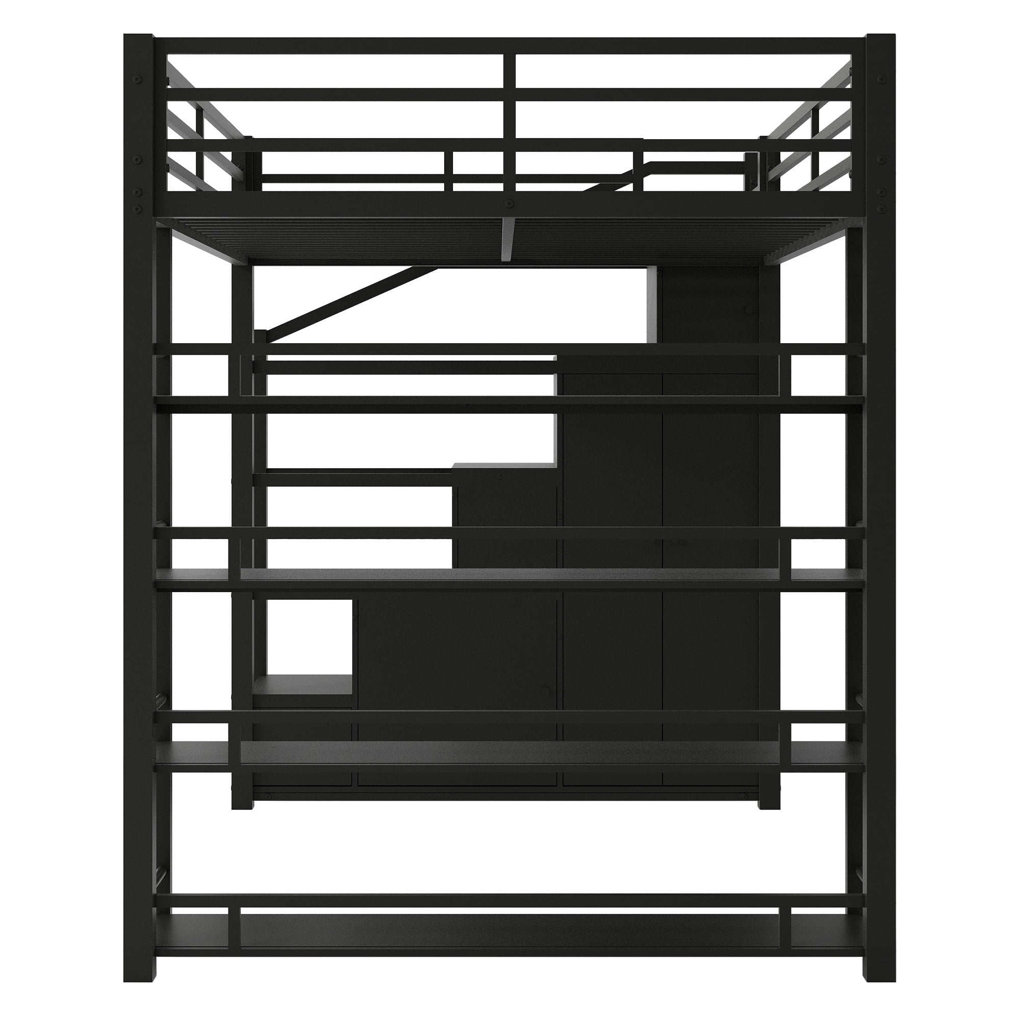 Bellemave® Loft Bed with Storage Stairs & Guardrails, Metal Loft Bed with Wardrobe, Bookshelves & Staircase, Black - Bellemave