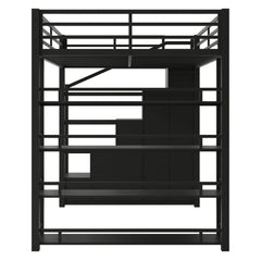 Bellemave® Loft Bed with Storage Stairs & Guardrails, Metal Loft Bed with Wardrobe, Bookshelves & Staircase, Black - Bellemave