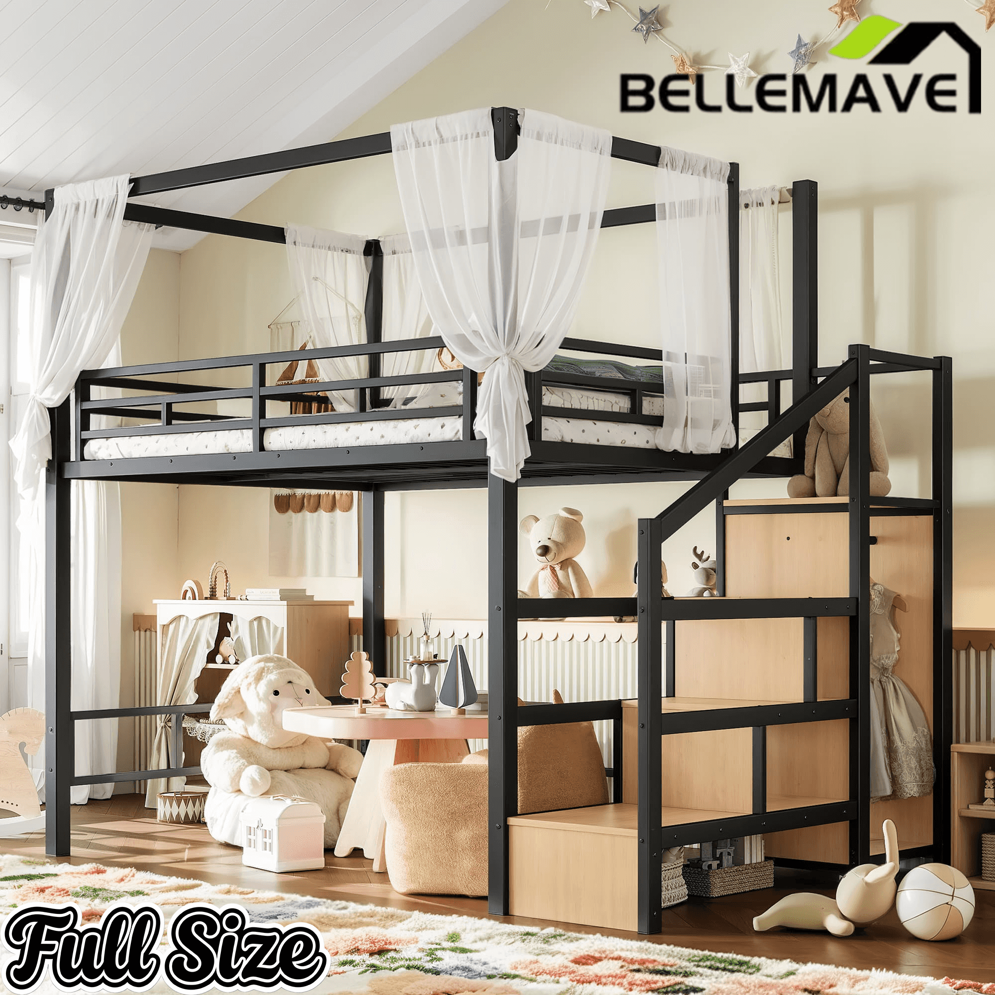 Bellemave® Loft Bed with Storage Stairs, Wardrobe, Canopy Support Pole, Metal Loft Bed Frame for Adults & Teens, Canopy can be Disassembled, Black+Natural Wood - Bellemave