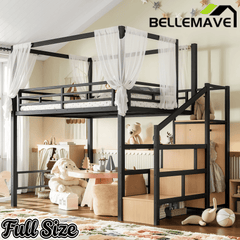 Bellemave® Loft Bed with Storage Stairs, Wardrobe, Canopy Support Pole, Metal Loft Bed Frame for Adults & Teens, Canopy can be Disassembled, Black+Natural Wood - Bellemave