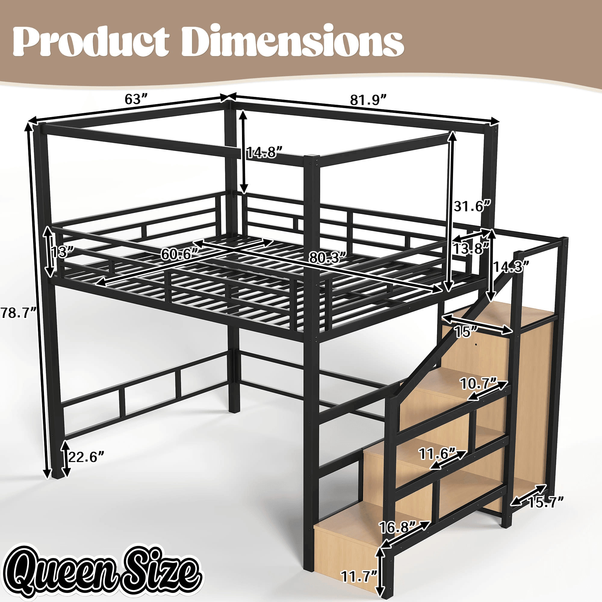 Bellemave® Loft Bed with Storage Stairs, Wardrobe, Canopy Support Pole, Metal Loft Bed Frame for Adults & Teens, Canopy can be Disassembled, Black+Natural Wood - Bellemave