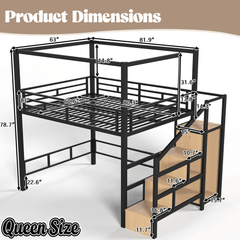 Bellemave® Loft Bed with Storage Stairs, Wardrobe, Canopy Support Pole, Metal Loft Bed Frame for Adults & Teens, Canopy can be Disassembled, Black+Natural Wood - Bellemave