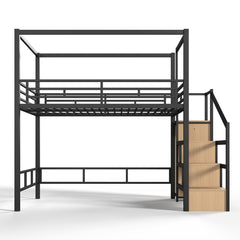 Bellemave® Loft Bed with Storage Stairs, Wardrobe, Canopy Support Pole, Metal Loft Bed Frame for Adults & Teens, Canopy can be Disassembled, Black+Natural Wood - Bellemave