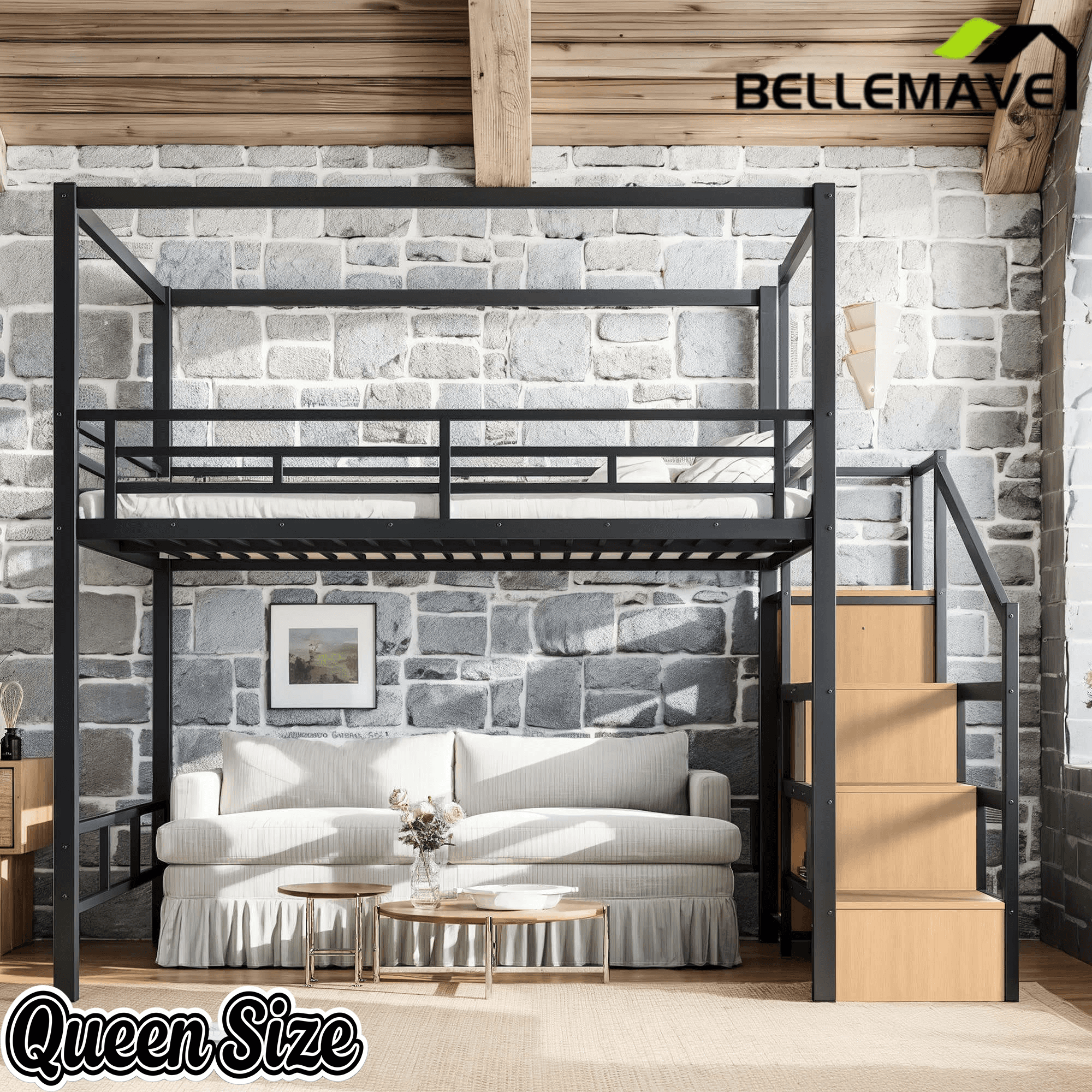 Bellemave® Loft Bed with Storage Stairs, Wardrobe, Canopy Support Pole, Metal Loft Bed Frame for Adults & Teens, Canopy can be Disassembled, Black+Natural Wood - Bellemave