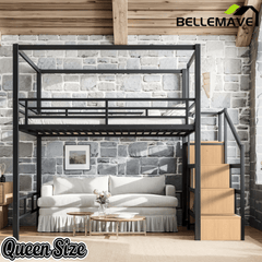 Bellemave® Loft Bed with Storage Stairs, Wardrobe, Canopy Support Pole, Metal Loft Bed Frame for Adults & Teens, Canopy can be Disassembled, Black+Natural Wood - Bellemave