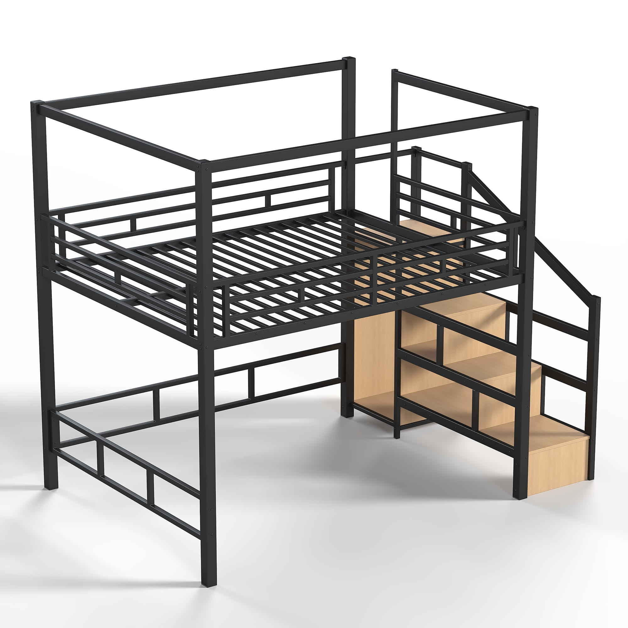 Bellemave® Loft Bed with Storage Stairs, Wardrobe, Canopy Support Pole, Metal Loft Bed Frame for Adults & Teens, Canopy can be Disassembled, Black+Natural Wood - Bellemave