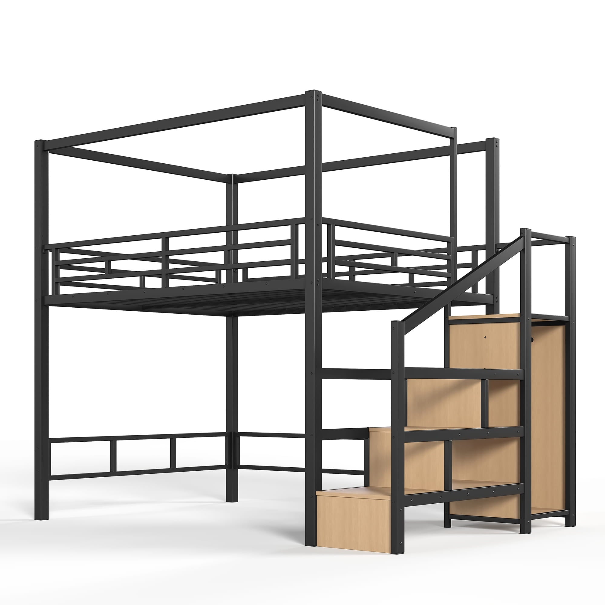 Bellemave® Loft Bed with Storage Stairs, Wardrobe, Canopy Support Pole, Metal Loft Bed Frame for Adults & Teens, Canopy can be Disassembled, Black+Natural Wood - Bellemave