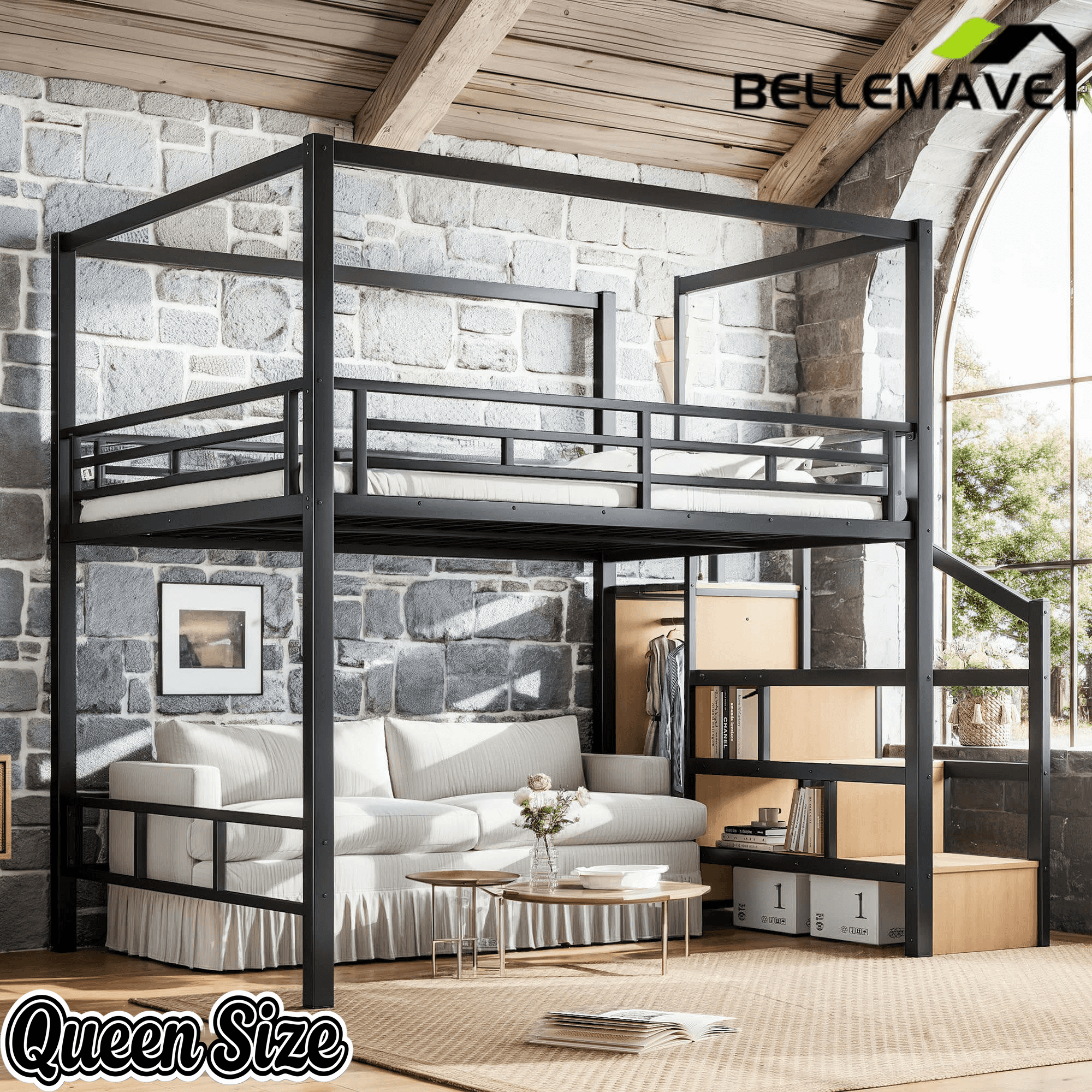 Bellemave® Loft Bed with Storage Stairs, Wardrobe, Canopy Support Pole, Metal Loft Bed Frame for Adults & Teens, Canopy can be Disassembled, Black+Natural Wood - Bellemave