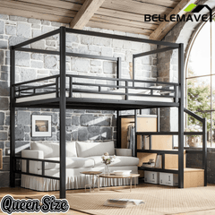 Bellemave® Loft Bed with Storage Stairs, Wardrobe, Canopy Support Pole, Metal Loft Bed Frame for Adults & Teens, Canopy can be Disassembled, Black+Natural Wood - Bellemave