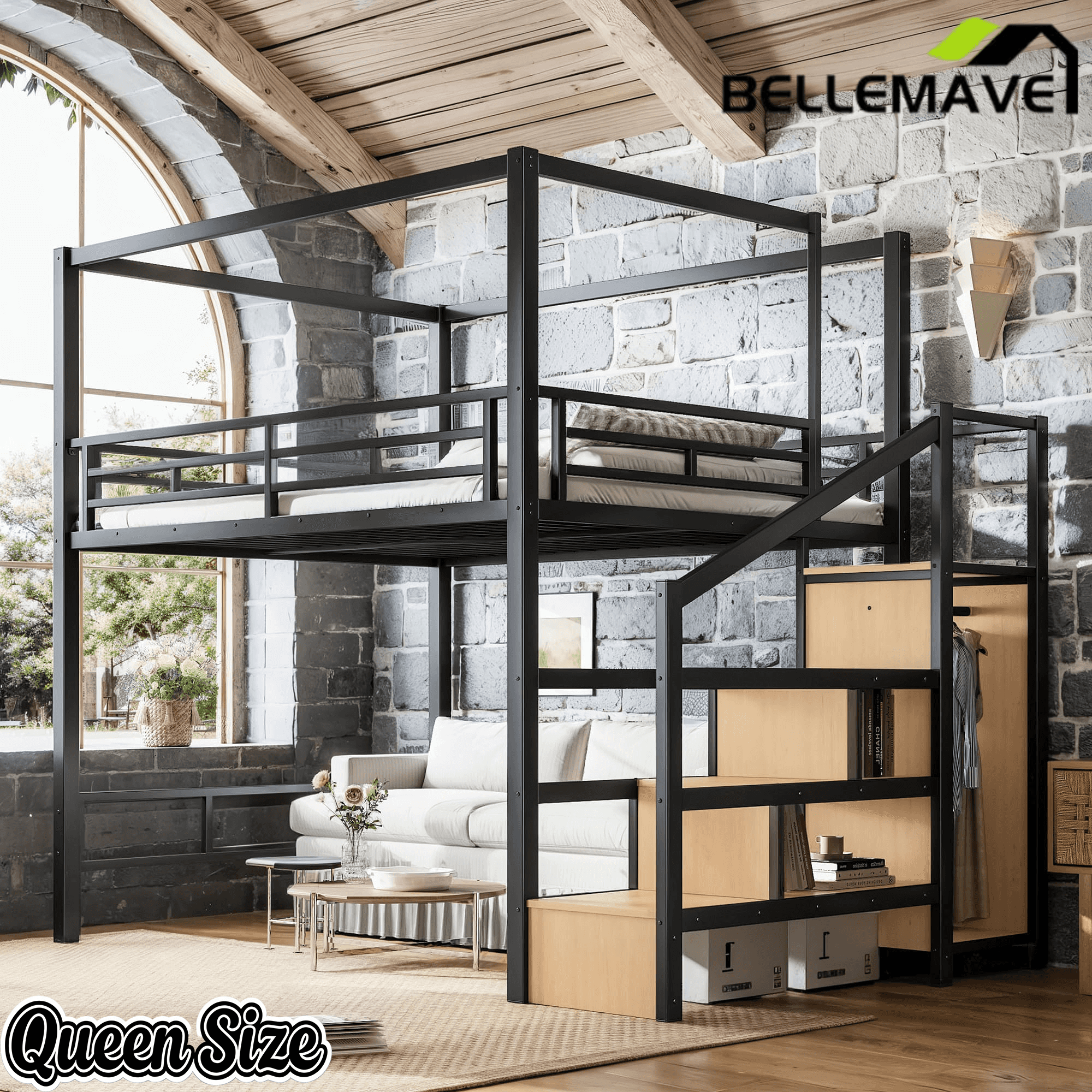 Bellemave® Loft Bed with Storage Stairs, Wardrobe, Canopy Support Pole, Metal Loft Bed Frame for Adults & Teens, Canopy can be Disassembled, Black+Natural Wood - Bellemave