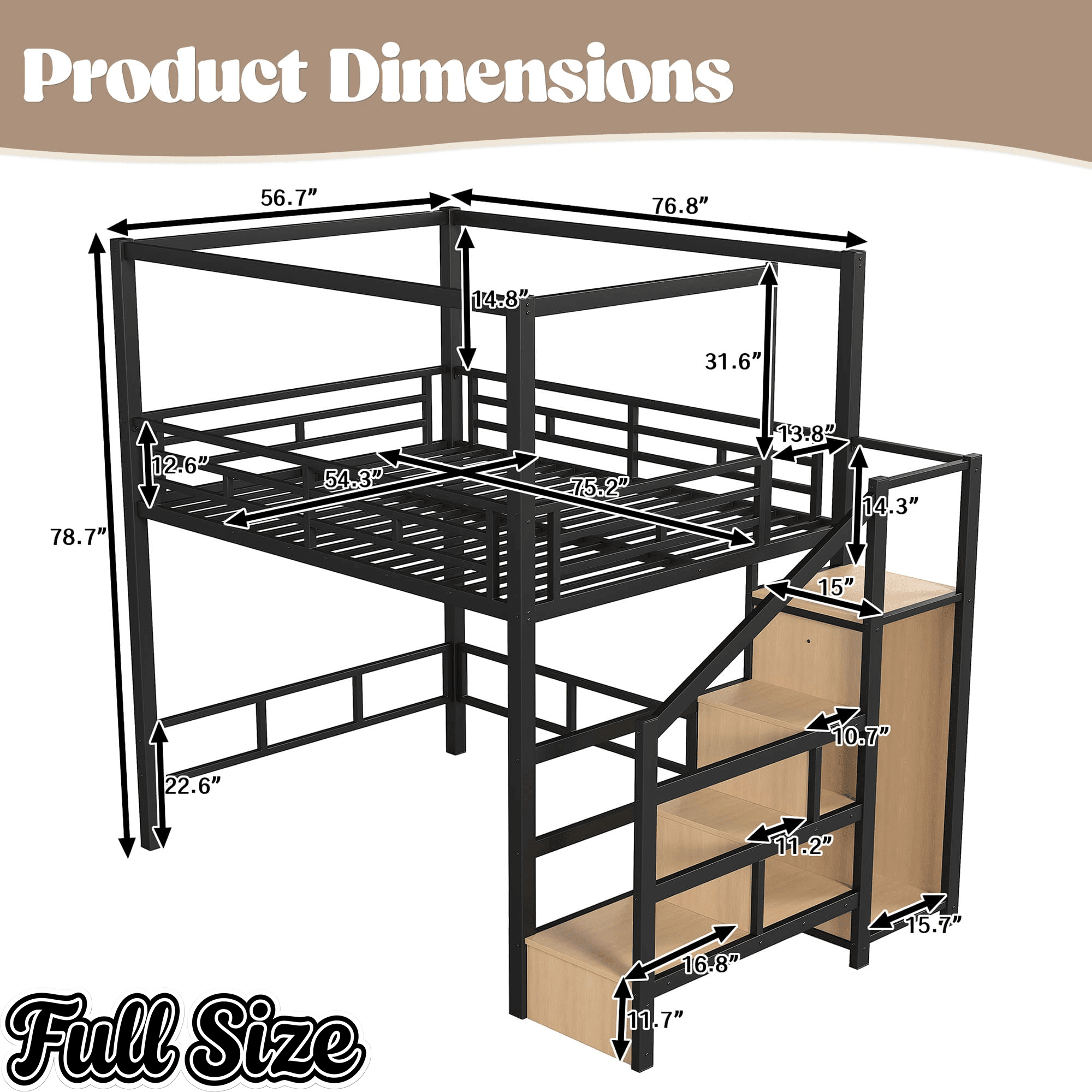 Bellemave® Loft Bed with Storage Stairs, Wardrobe, Canopy Support Pole, Metal Loft Bed Frame for Adults & Teens, Canopy can be Disassembled, Black+Natural Wood - Bellemave