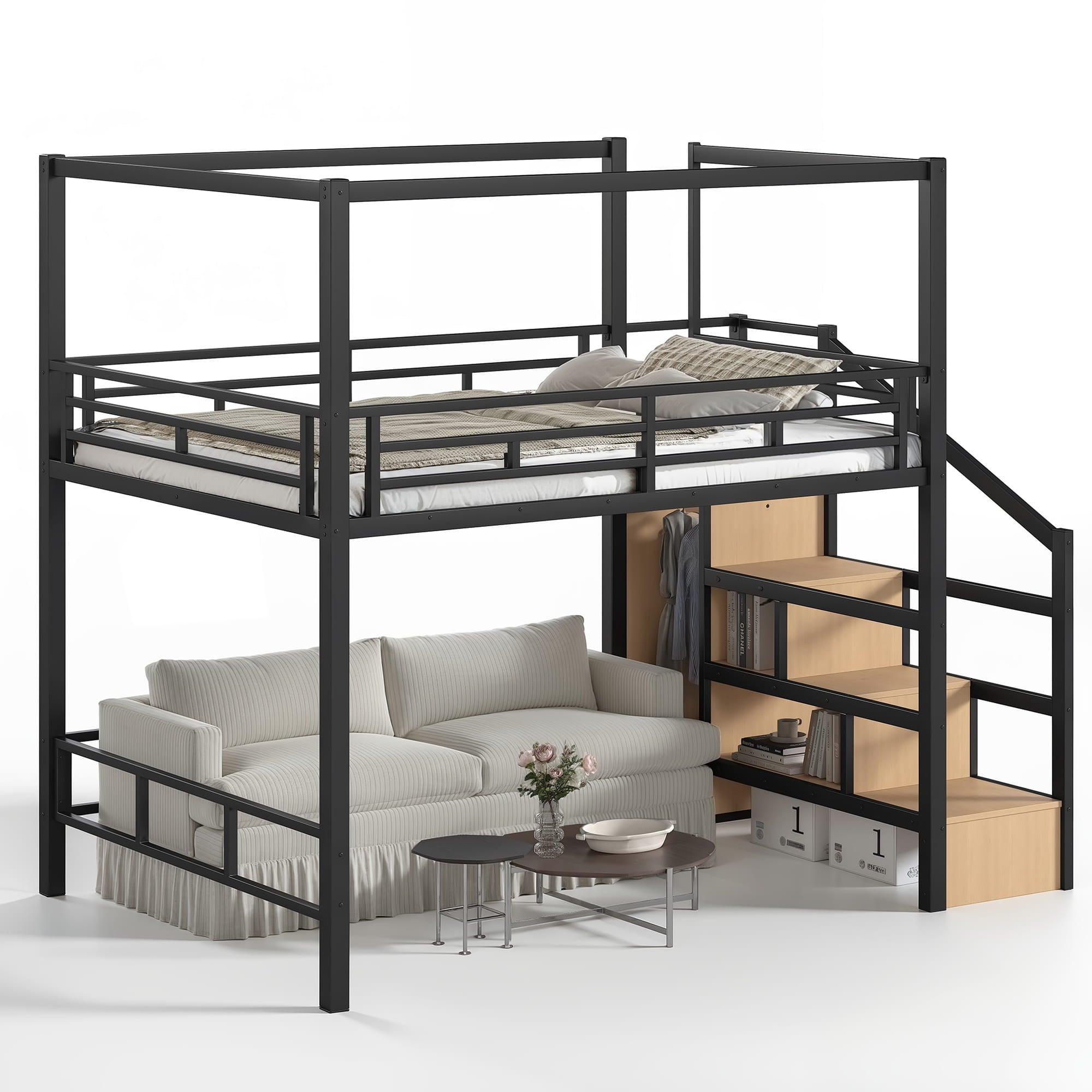 Bellemave® Loft Bed with Storage Stairs, Wardrobe, Canopy Support Pole, Metal Loft Bed Frame for Adults & Teens, Canopy can be Disassembled, Black+Natural Wood - Bellemave