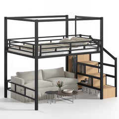 Bellemave® Loft Bed with Storage Stairs, Wardrobe, Canopy Support Pole, Metal Loft Bed Frame for Adults & Teens, Canopy can be Disassembled, Black+Natural Wood - Bellemave