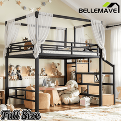 Bellemave® Loft Bed with Storage Stairs, Wardrobe, Canopy Support Pole, Metal Loft Bed Frame for Adults & Teens, Canopy can be Disassembled, Black+Natural Wood - Bellemave