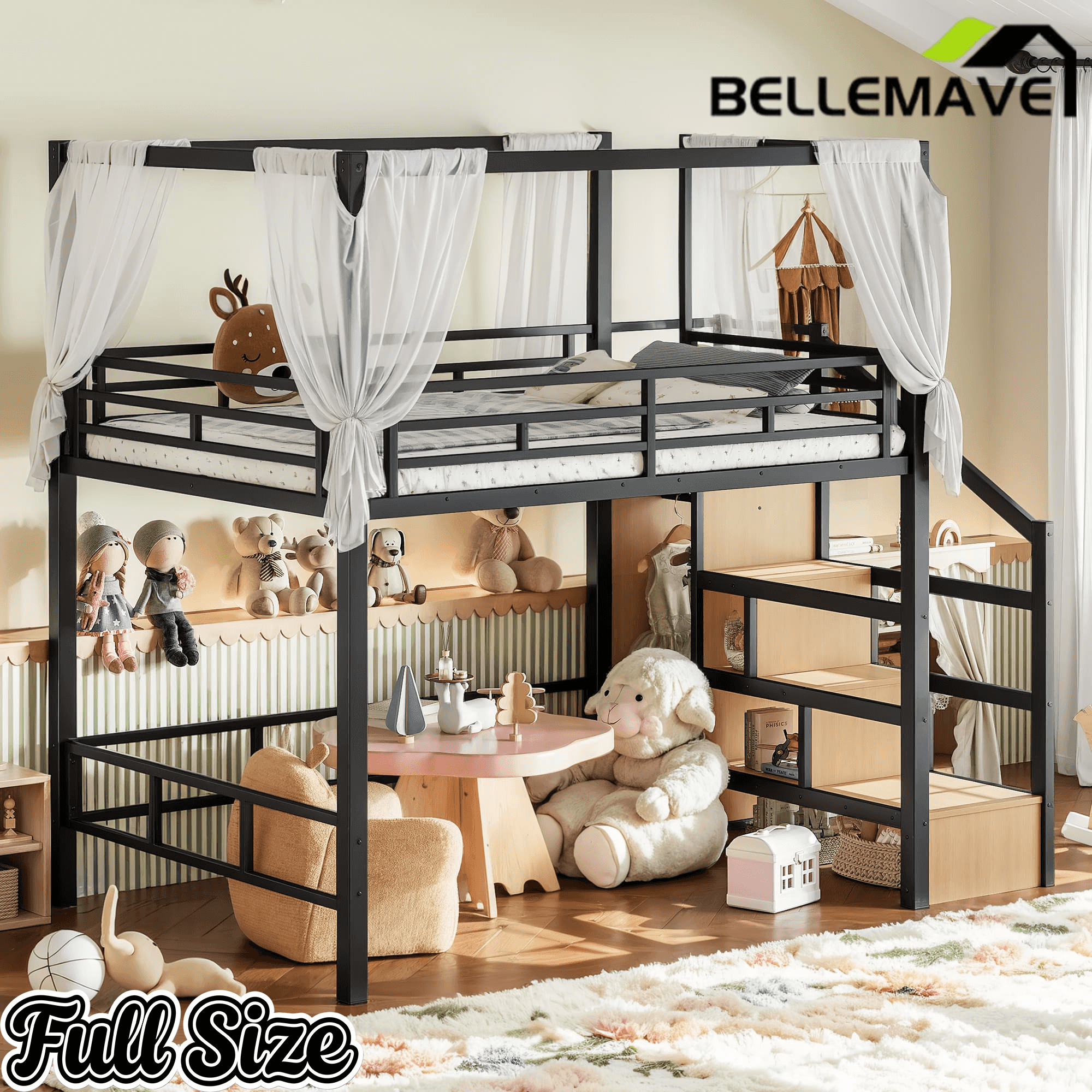 Bellemave® Loft Bed with Storage Stairs, Wardrobe, Canopy Support Pole, Metal Loft Bed Frame for Adults & Teens, Canopy can be Disassembled, Black+Natural Wood - Bellemave